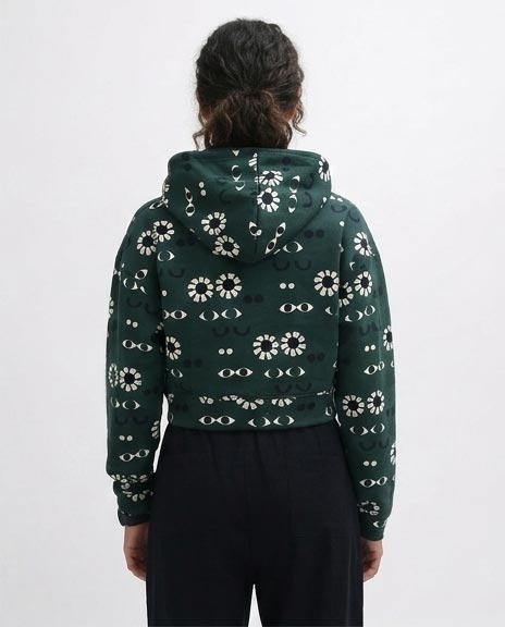Surrealist Eye Print Forest Green Cropped Hoodie - O201267