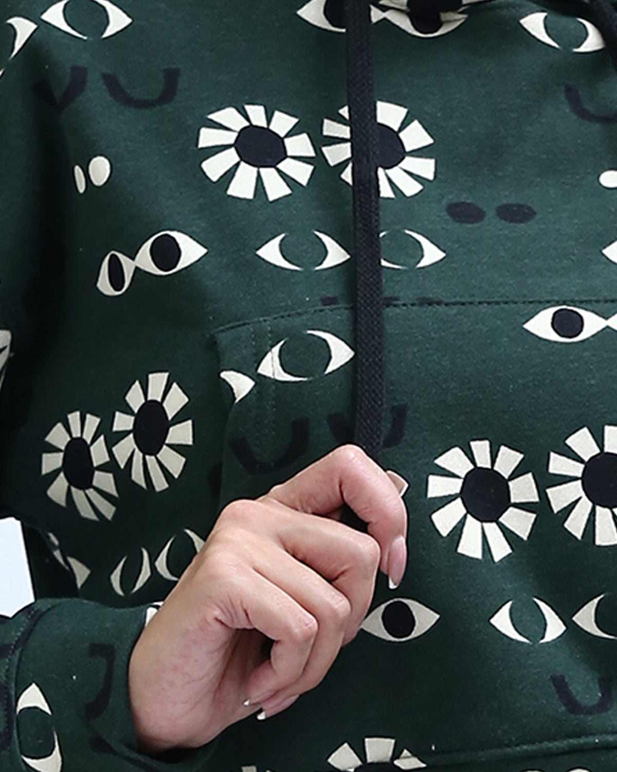 Surrealist Eye Print Forest Green Cropped Hoodie - O201267