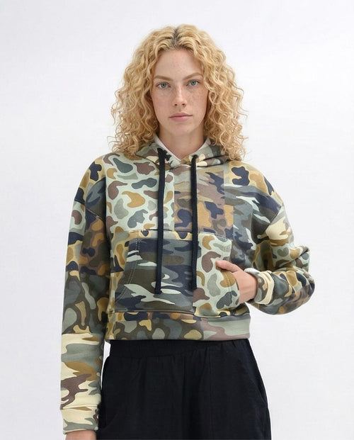 Women's Patchwork Camo Cropped Hoodie - Multi - O201269