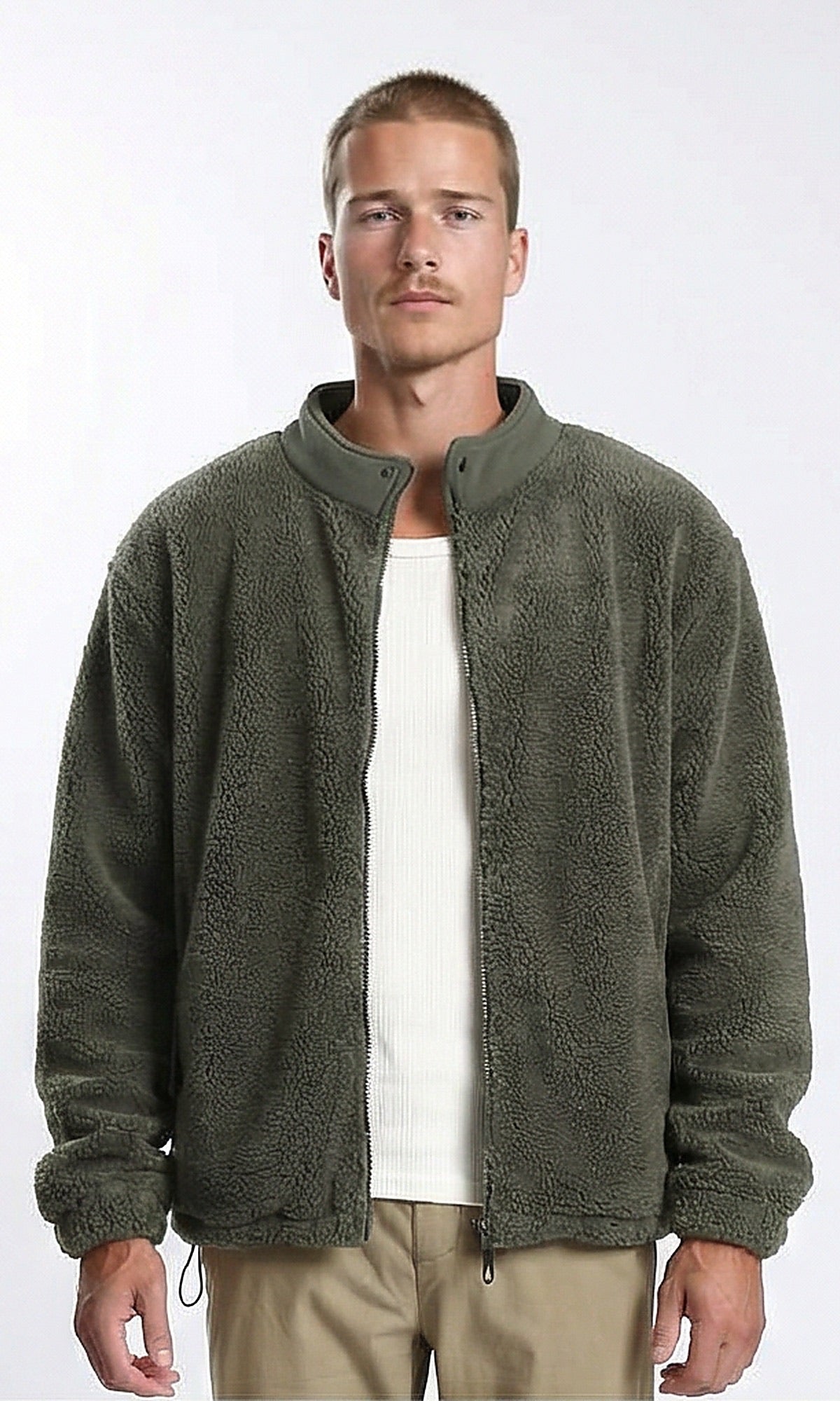Olive Green Relaxed Fit Sherpa Zip-Up Jacket - O201296