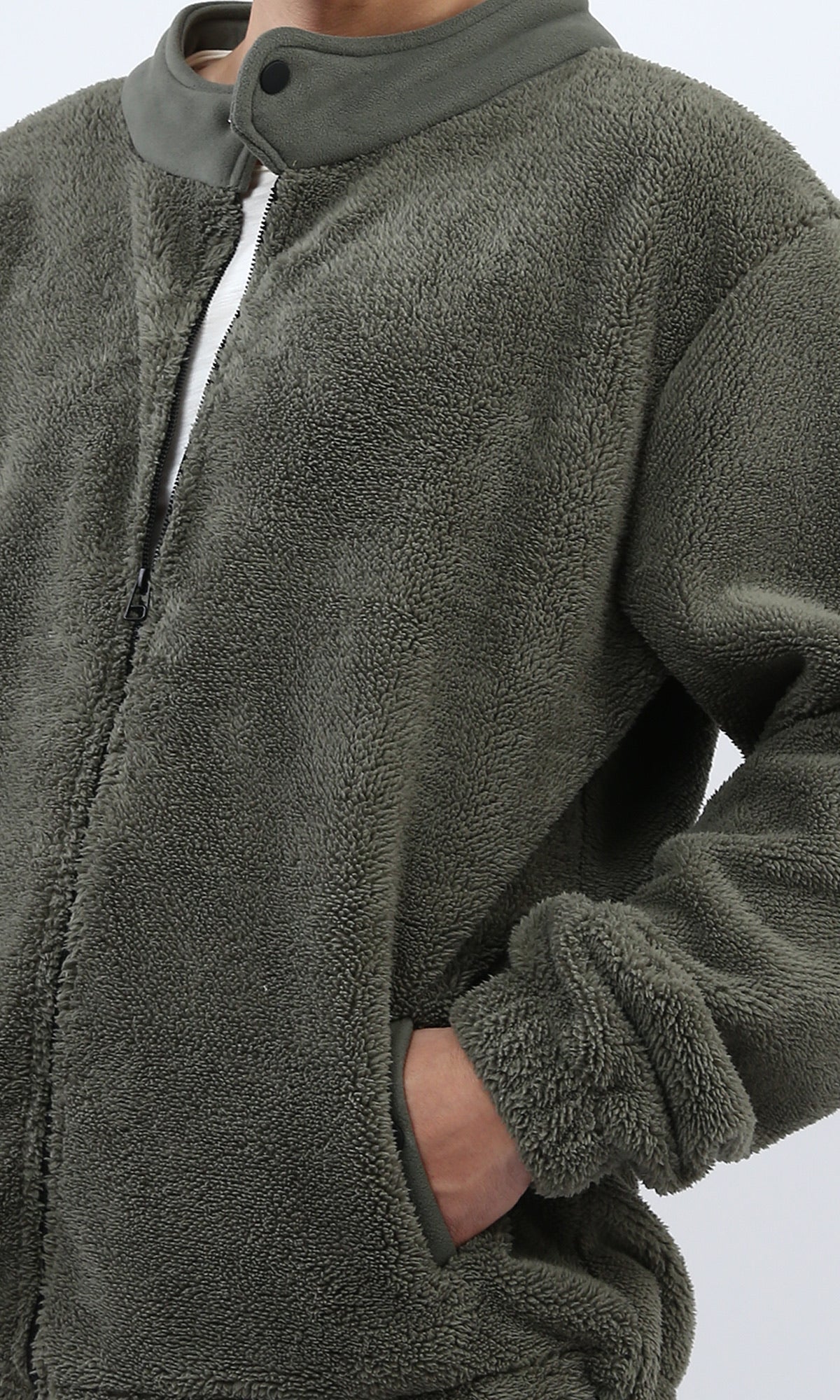Olive Green Relaxed Fit Sherpa Zip-Up Jacket - O201296