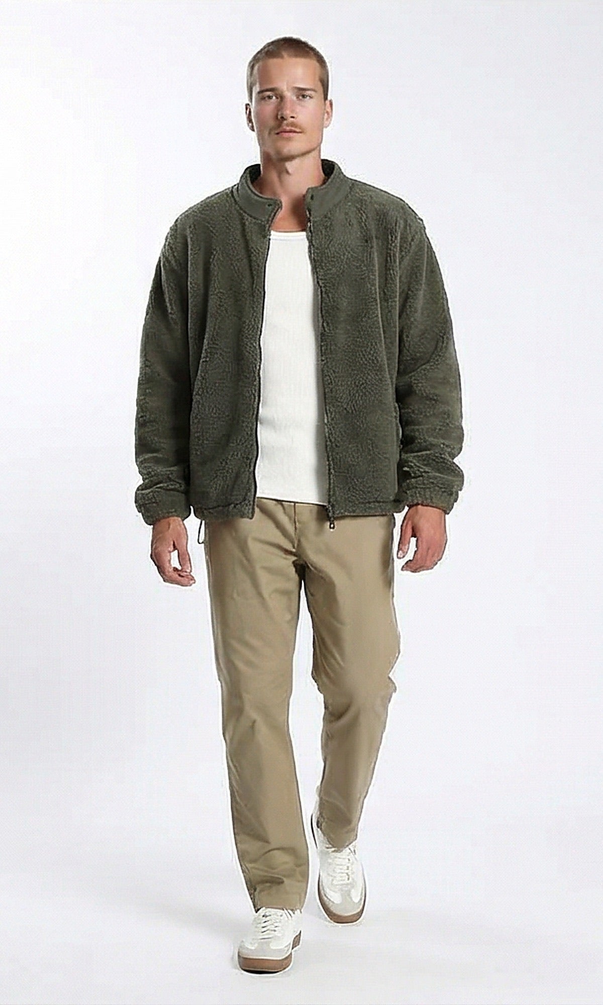 Olive Green Relaxed Fit Sherpa Zip-Up Jacket - O201296