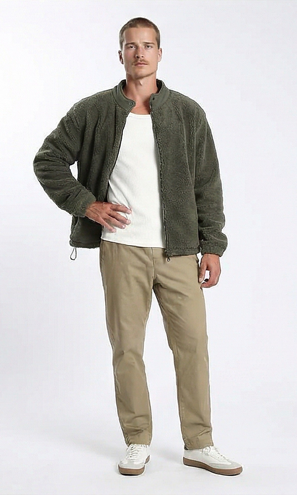 Olive Green Relaxed Fit Sherpa Zip-Up Jacket - O201296
