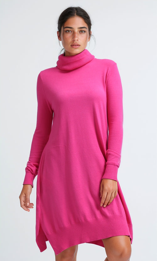 O201297 - Relax Fit Turtle Neck Pullover with Side Slits - Fuchsia