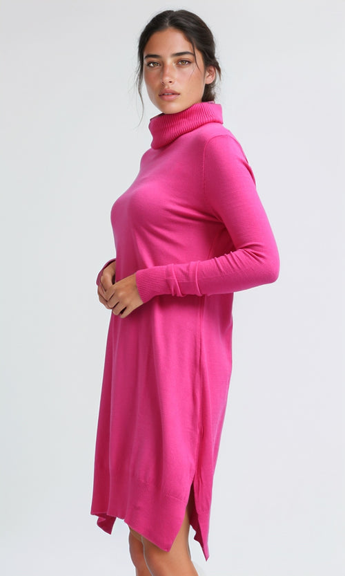 O201297 - Relax Fit Turtle Neck Pullover with Side Slits - Fuchsia