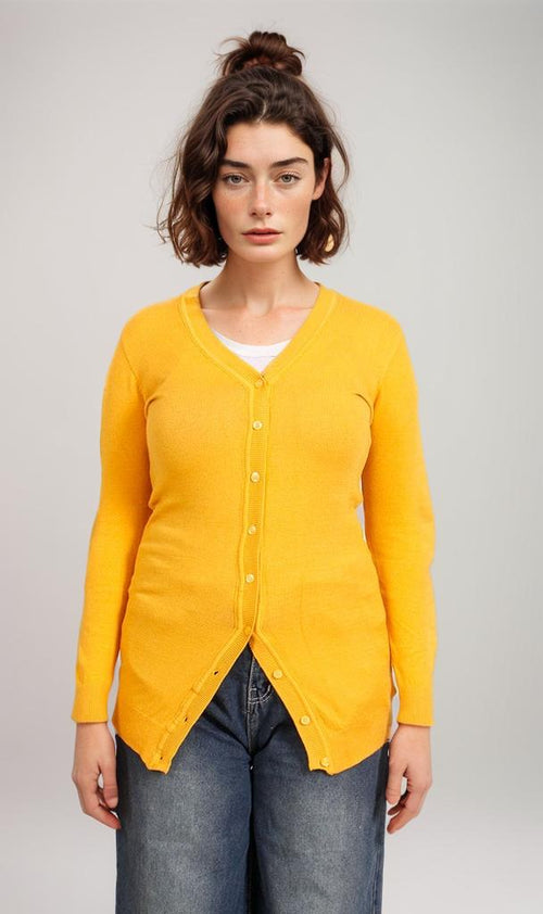 O201314-O201314 - V-Neck Knit Cardigan - Yellow