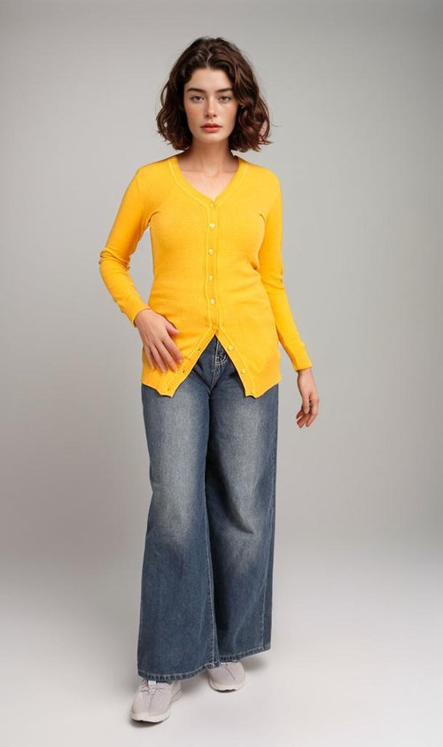 O201314-O201314 - V-Neck Knit Cardigan - Yellow