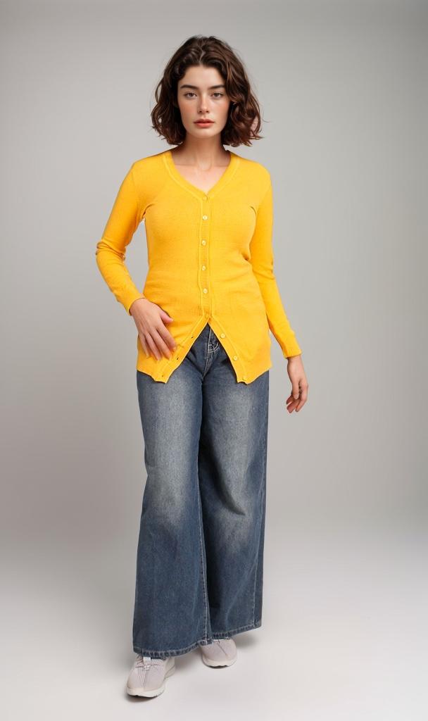 O201314-O201314 - V-Neck Knit Cardigan - Yellow