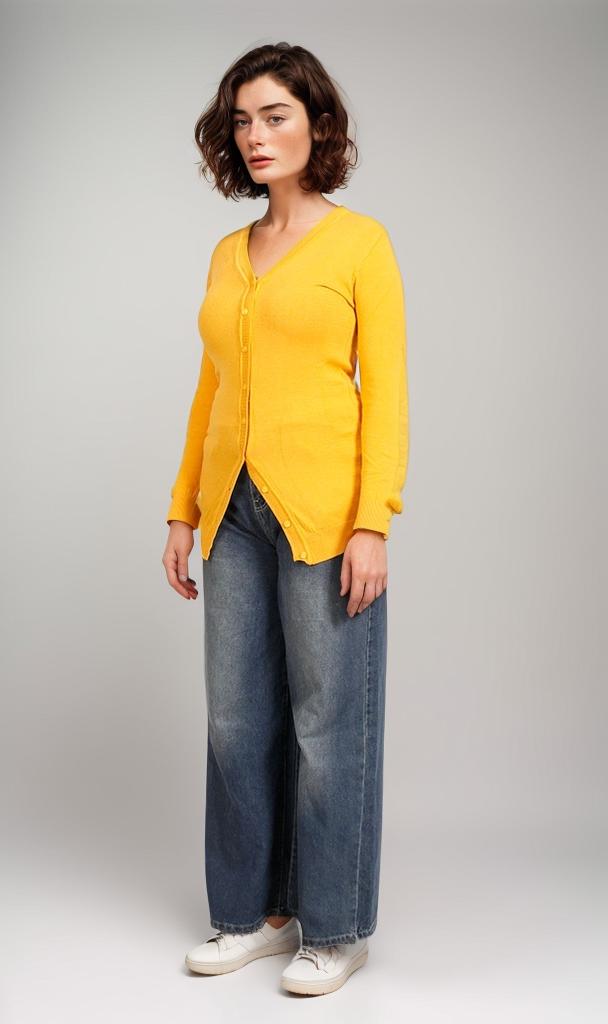 O201314-O201314 - V-Neck Knit Cardigan - Yellow