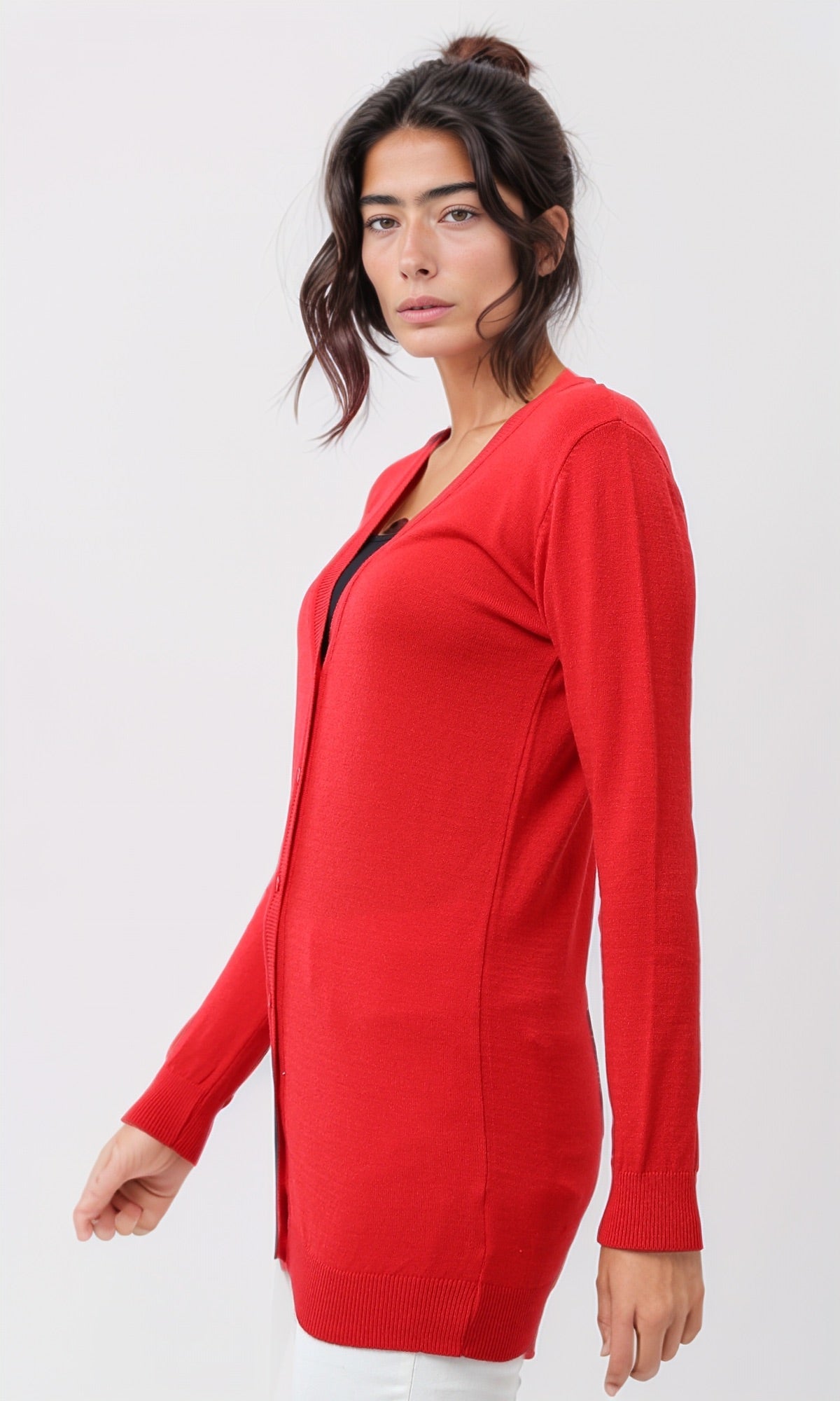 Red V-Neck Longline Button-Down Cardigan - O201317