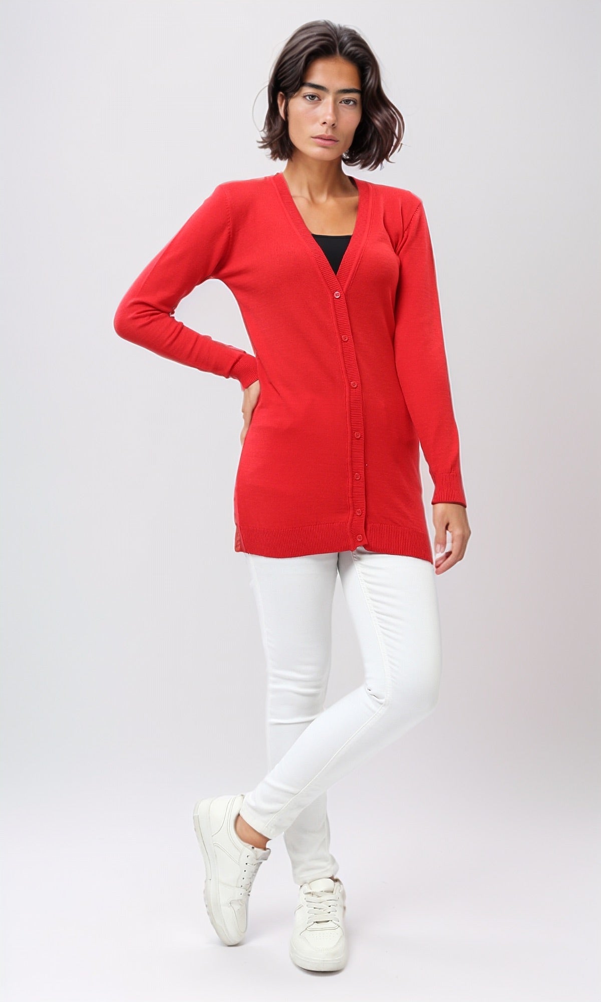 Red V-Neck Longline Button-Down Cardigan - O201317