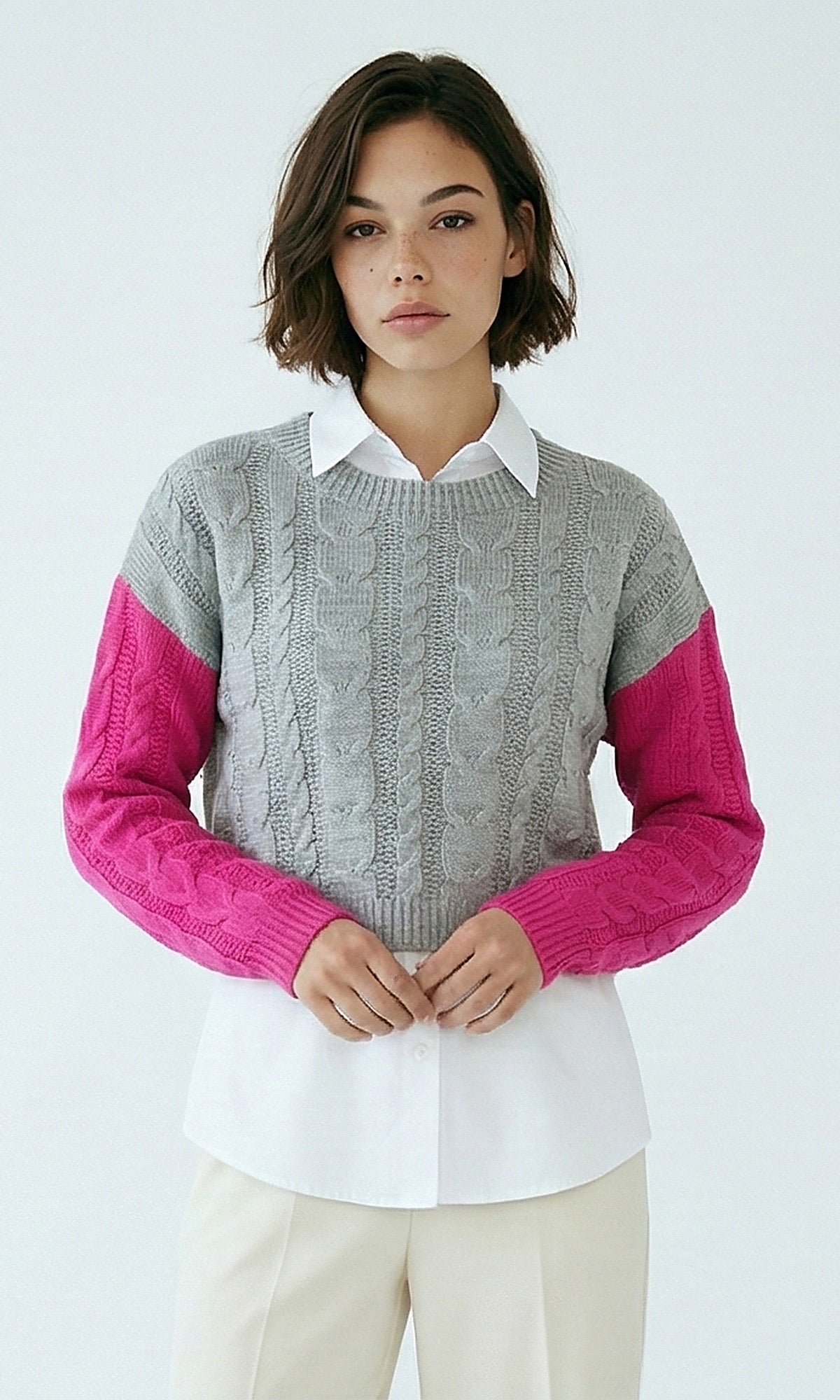 Grey and Pink Colorblock Cable Knit Cropped Pullover - O201327