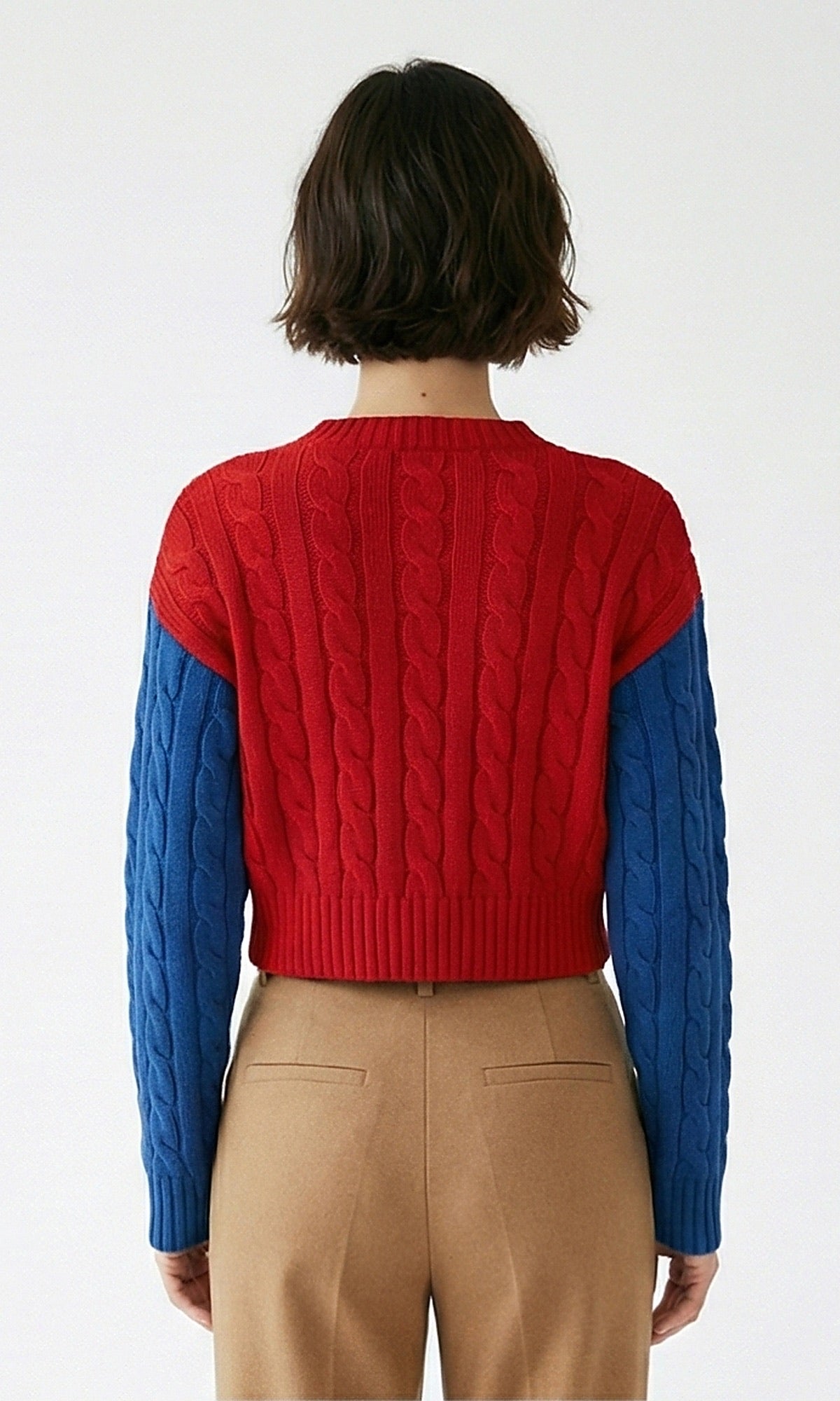 Red and Blue Color-Block Cable-Knit Cropped Pullover - O201328
