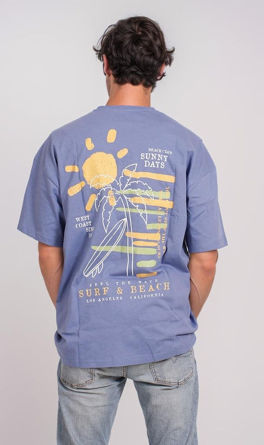 O201334 - Acrylic Beach Graphic T-Shirt – Navy Blue