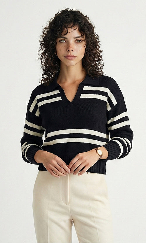 Black and White Nautical Striped Polo Knit Pullover - O201335