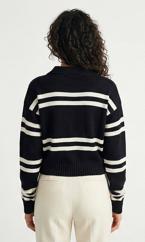 Black and White Nautical Striped Polo Knit Pullover - O201335