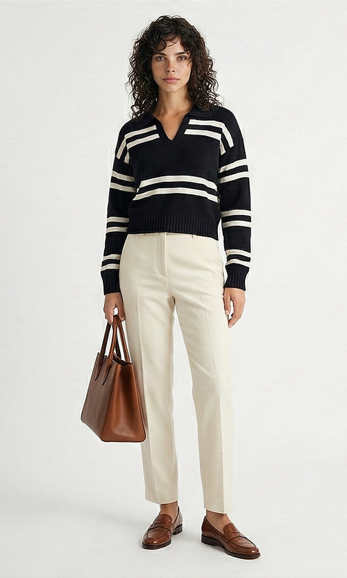Black and White Nautical Striped Polo Knit Pullover - O201335