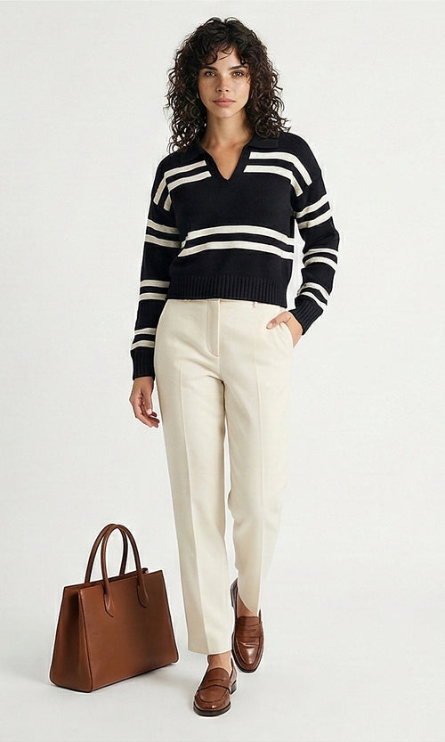 Black and White Nautical Striped Polo Knit Pullover - O201335