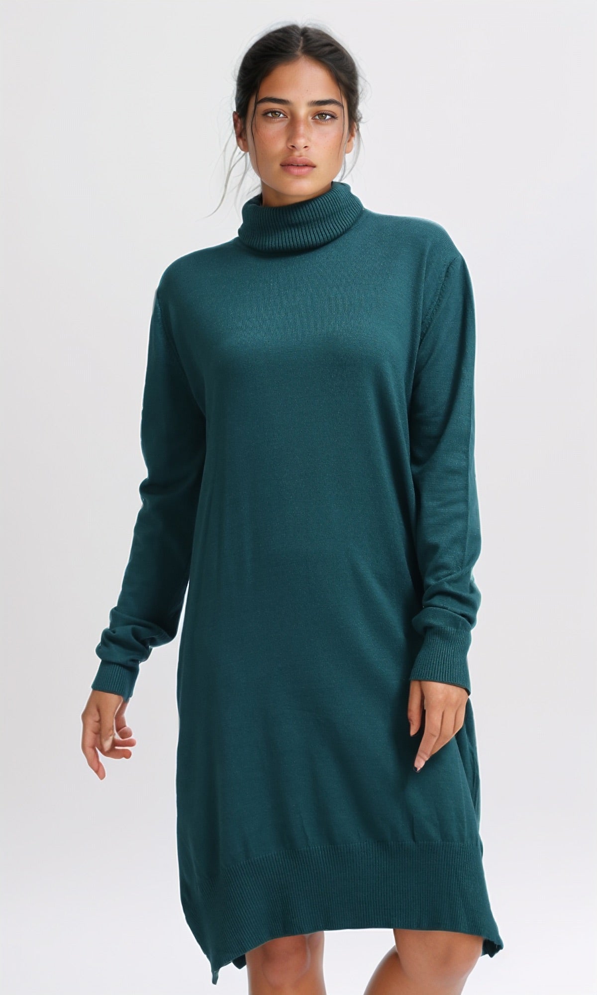 Forest Green High-Low Turtleneck Knit Pullover - O201336
