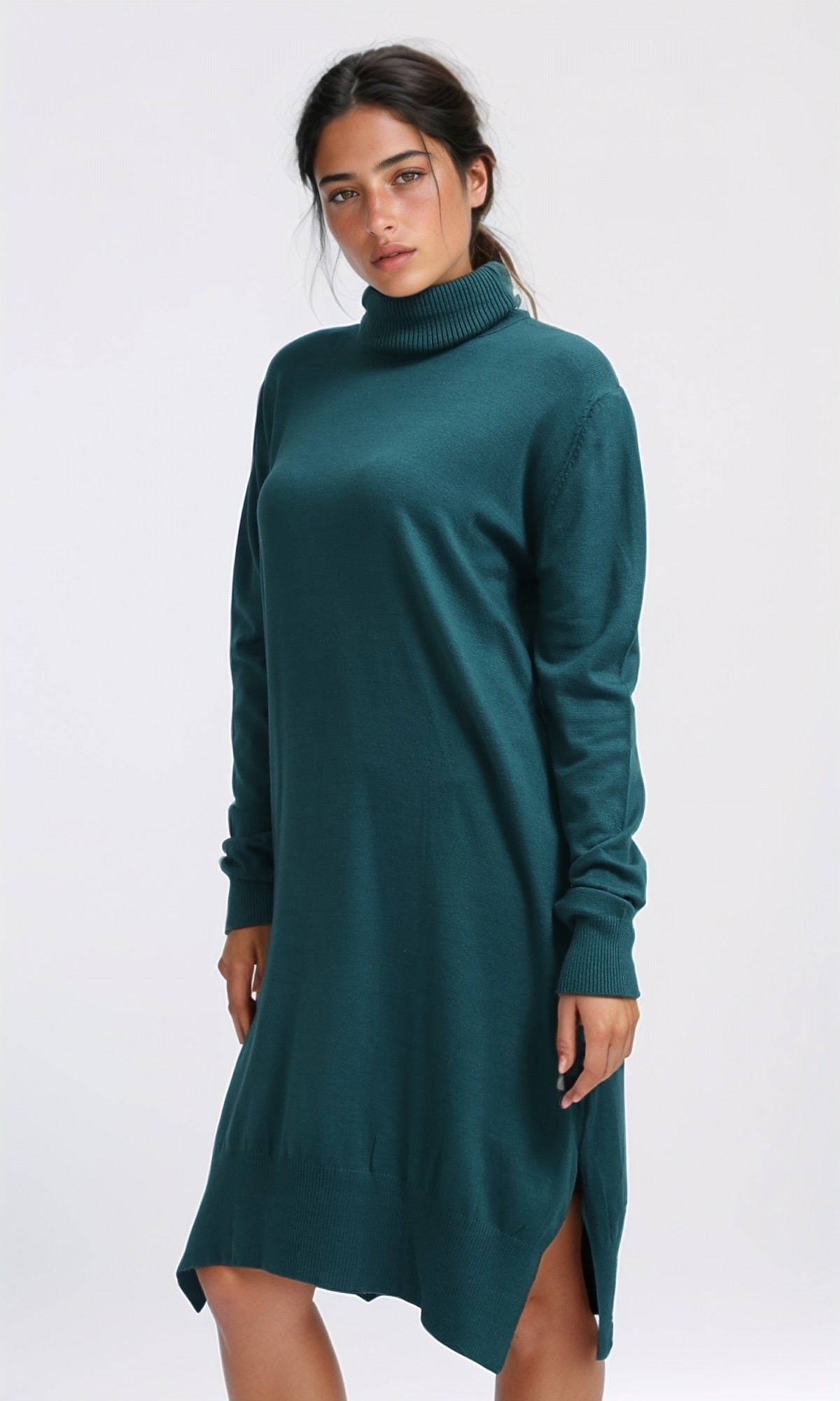 Forest Green High-Low Turtleneck Knit Pullover - O201336