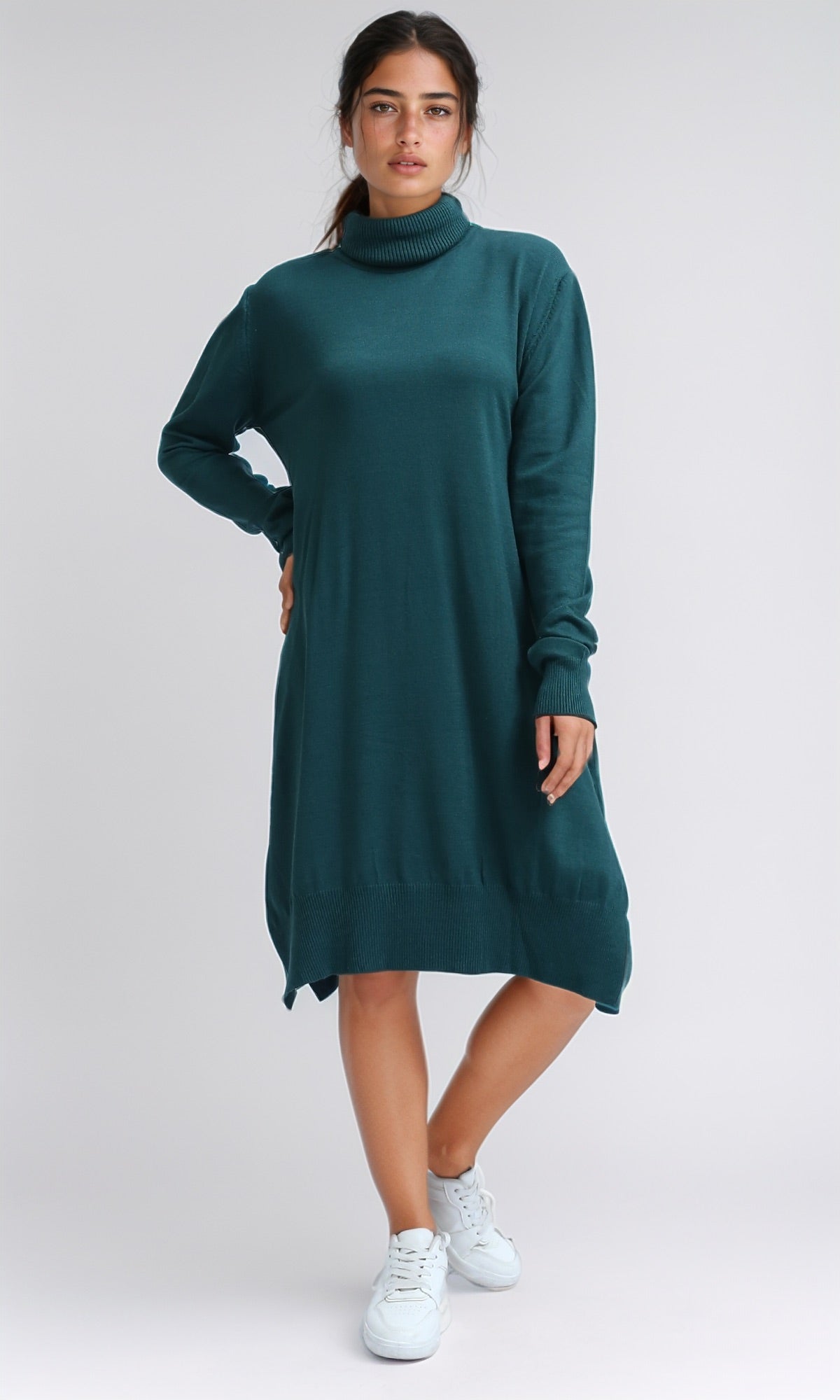 Forest Green High-Low Turtleneck Knit Pullover - O201336