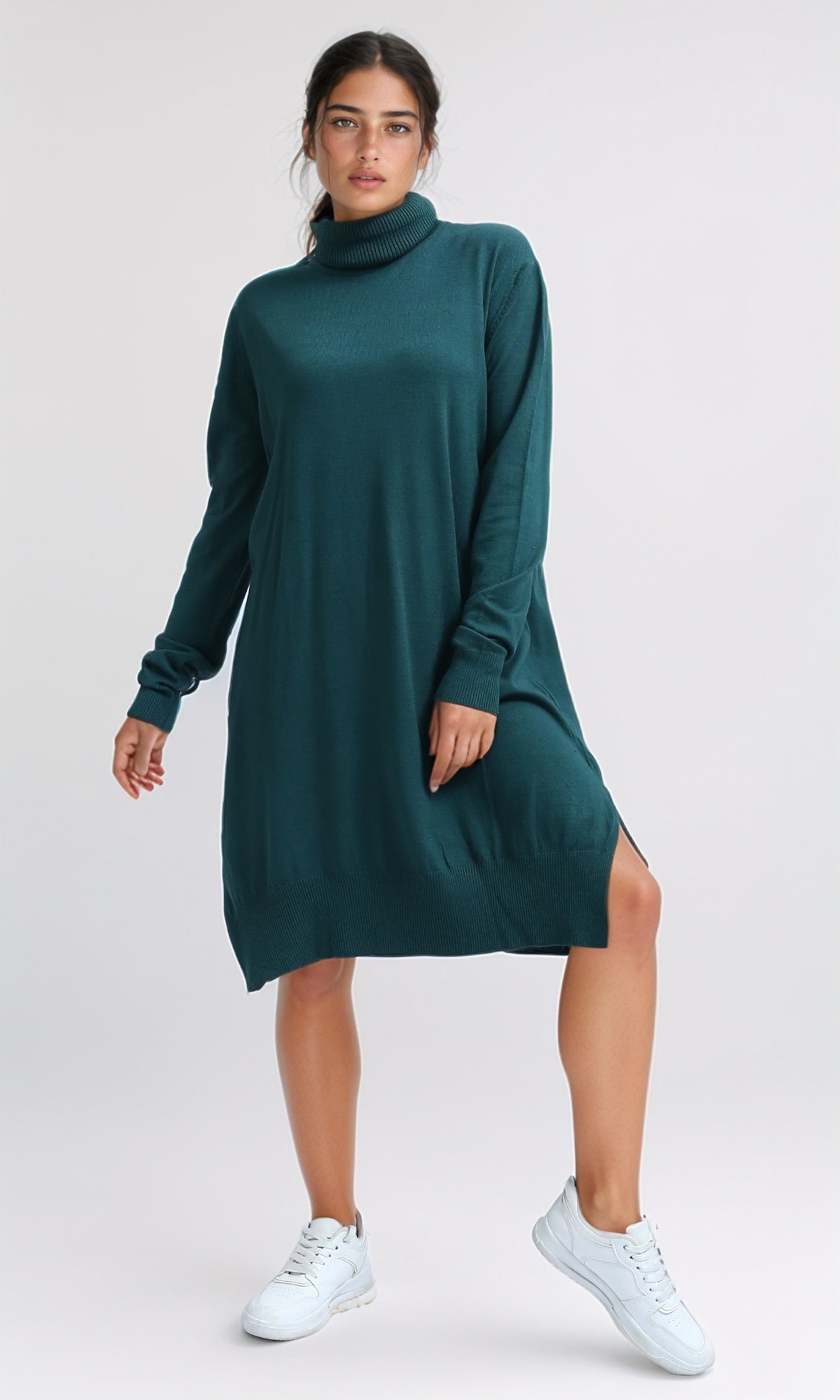 Forest Green High-Low Turtleneck Knit Pullover - O201336