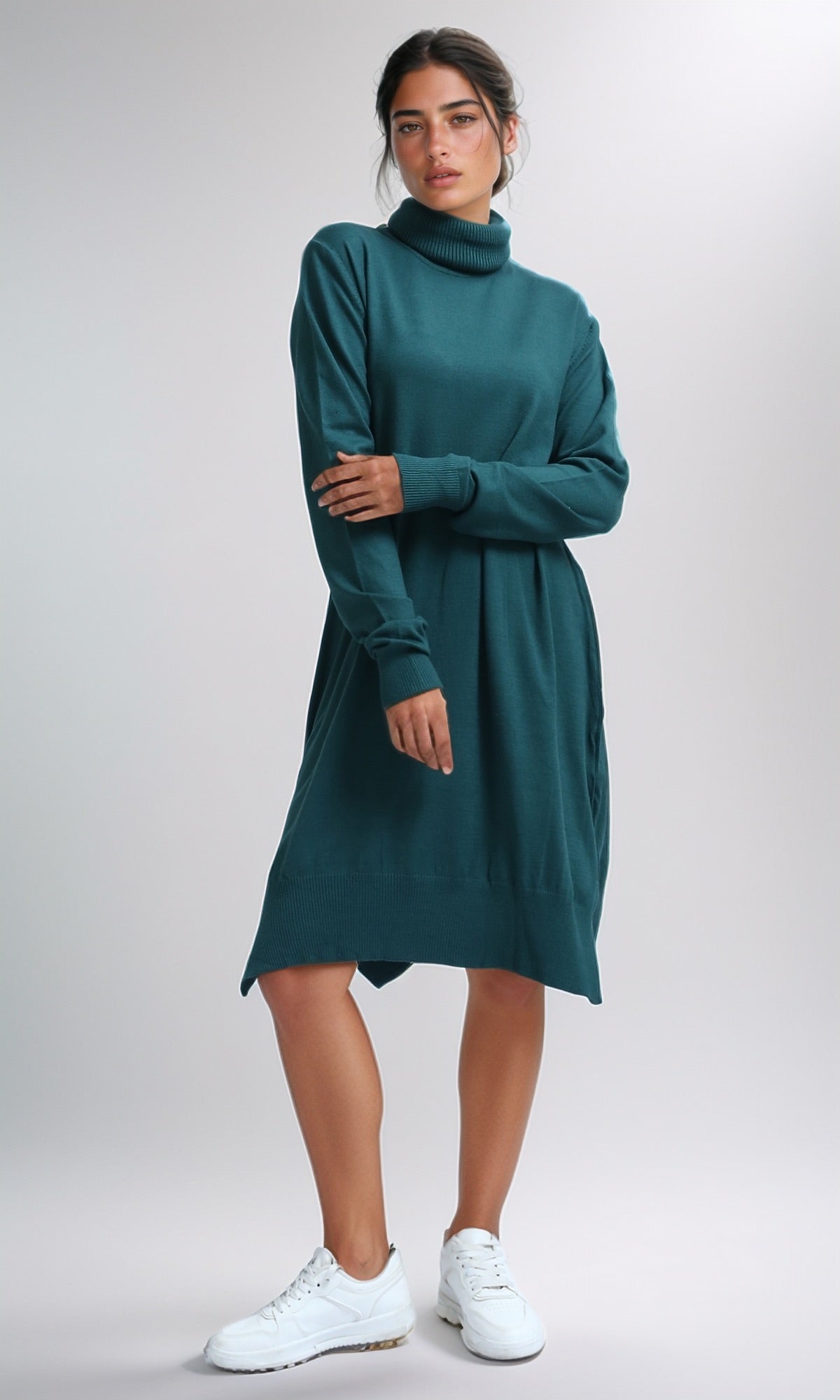 Forest Green High-Low Turtleneck Knit Pullover - O201336