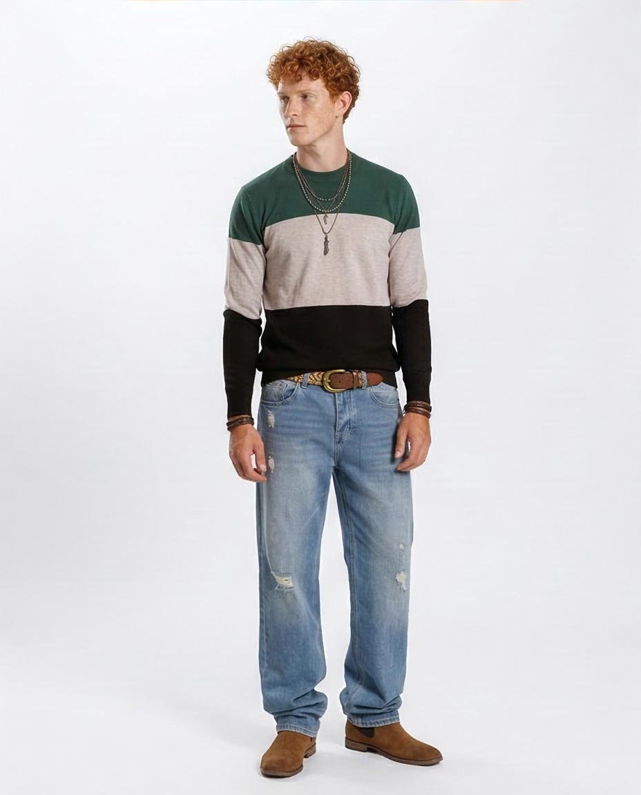 Men's Tri-Tone Color-Block Crew Neck Pullover - O201338