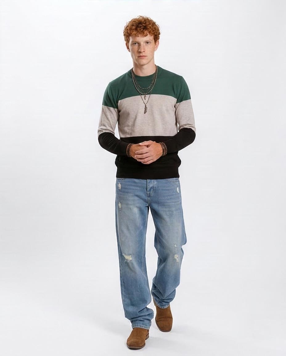 Men's Tri-Tone Color-Block Crew Neck Pullover - O201338