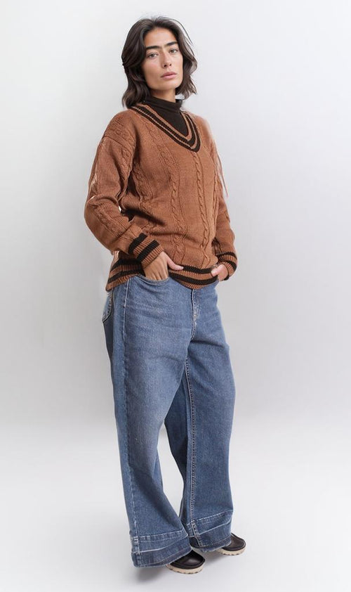 o201344-RIBBED V-NECK SWEATER - BROWN