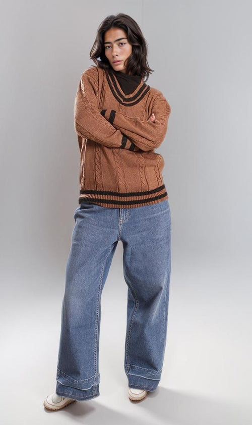 o201344-RIBBED V-NECK SWEATER - BROWN