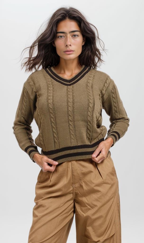 Olive Green Cable Knit V-Neck Varsity Pullover - O201345