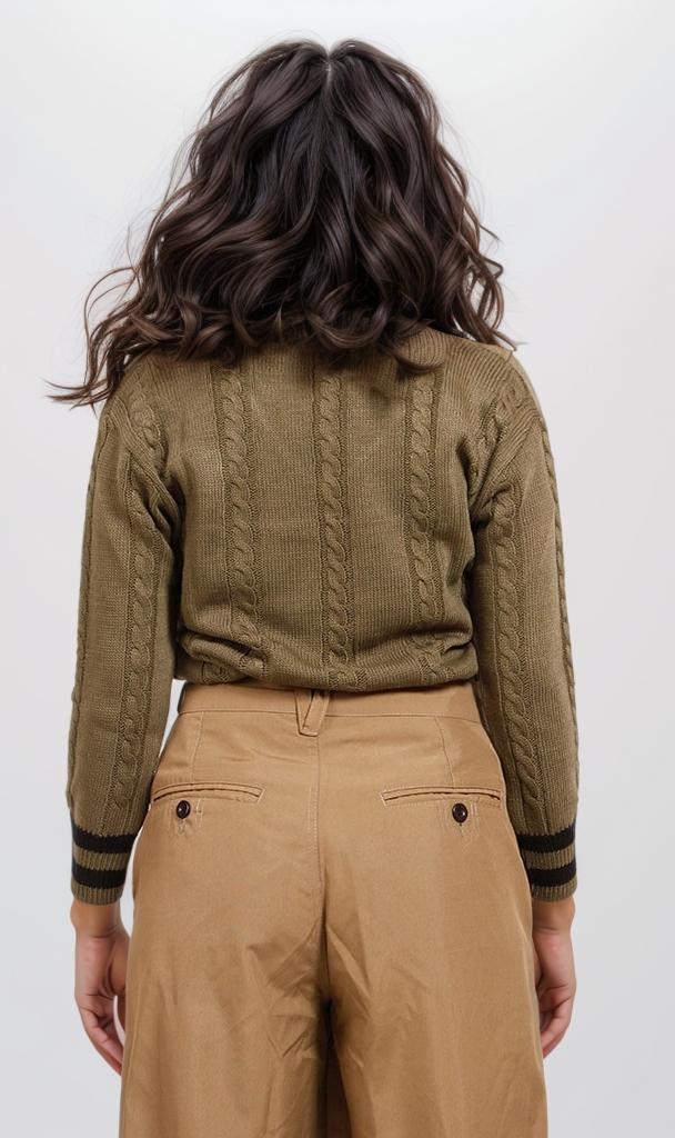 Olive Green Cable Knit V-Neck Varsity Pullover - O201345