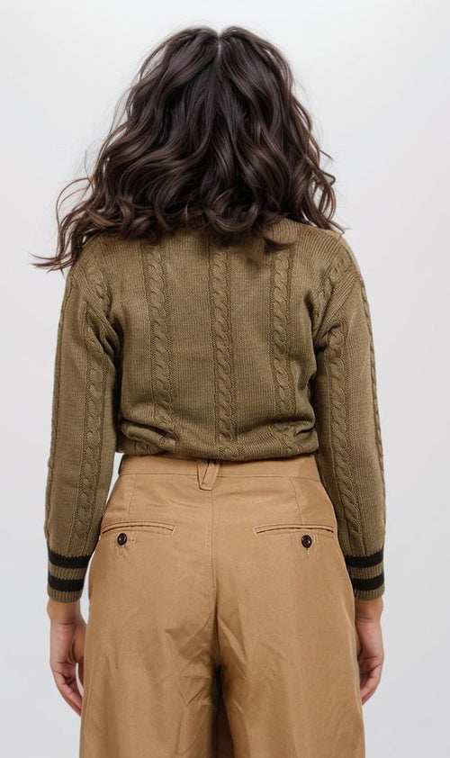 Olive Green Cable Knit V-Neck Varsity Pullover - O201345