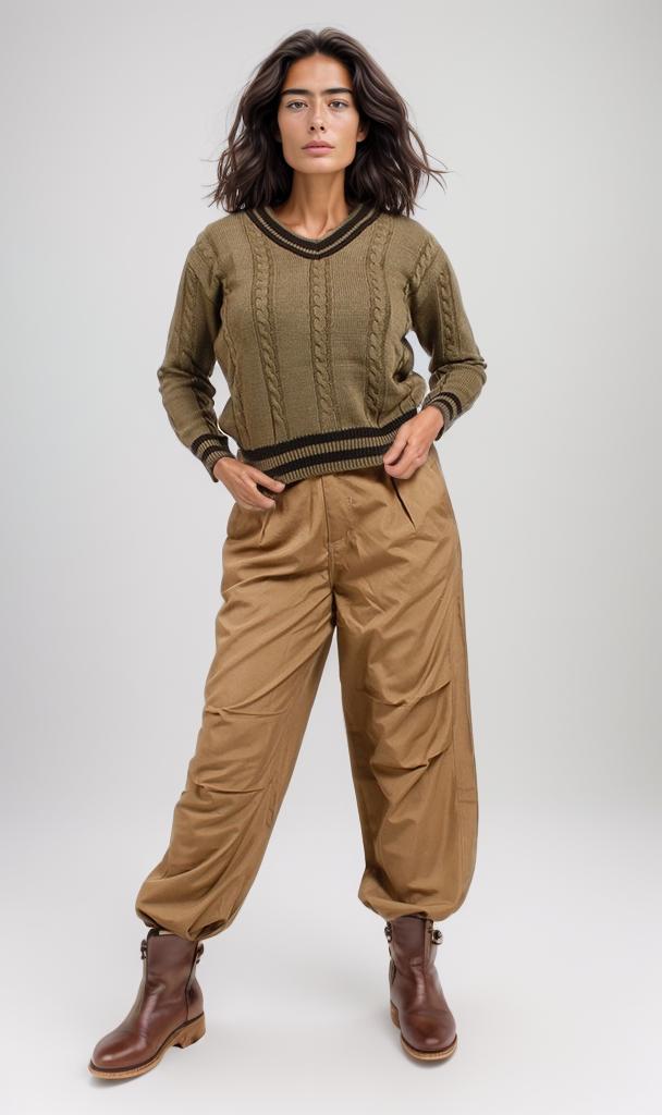 Olive Green Cable Knit V-Neck Varsity Pullover - O201345