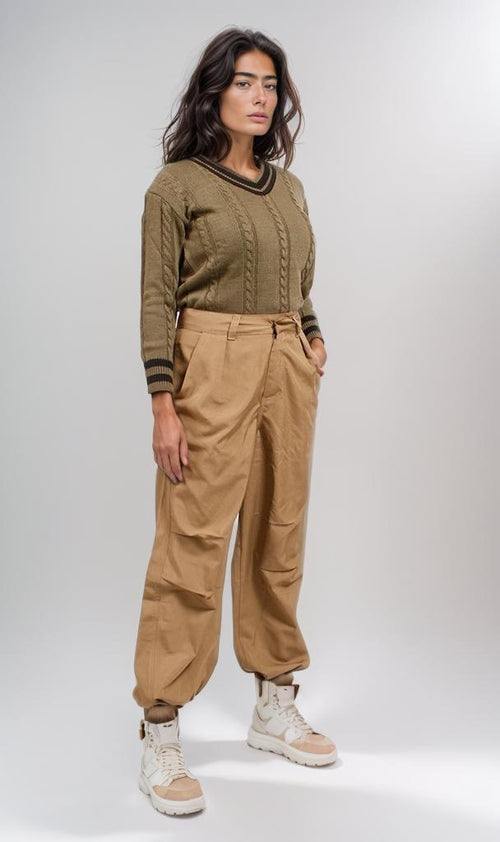 Olive Green Cable Knit V-Neck Varsity Pullover - O201345