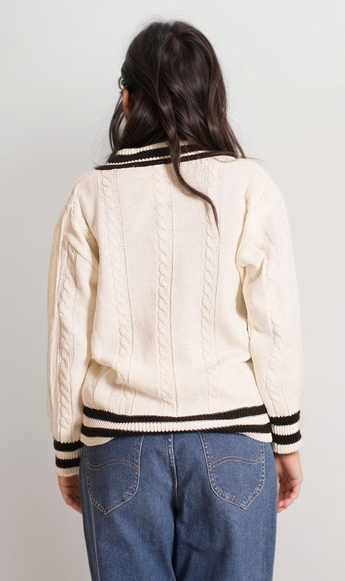 o201346-V-NECK CABLE KNIT SWEATER - WHITE & BLACK