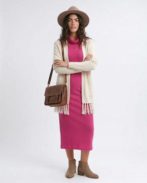 Ravin | Ribbed Knit Turtleneck Midi Dress – Fuchsia - O201376