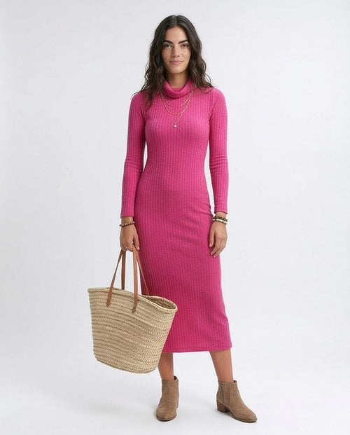 Ravin | Ribbed Knit Turtleneck Midi Dress – Fuchsia - O201376