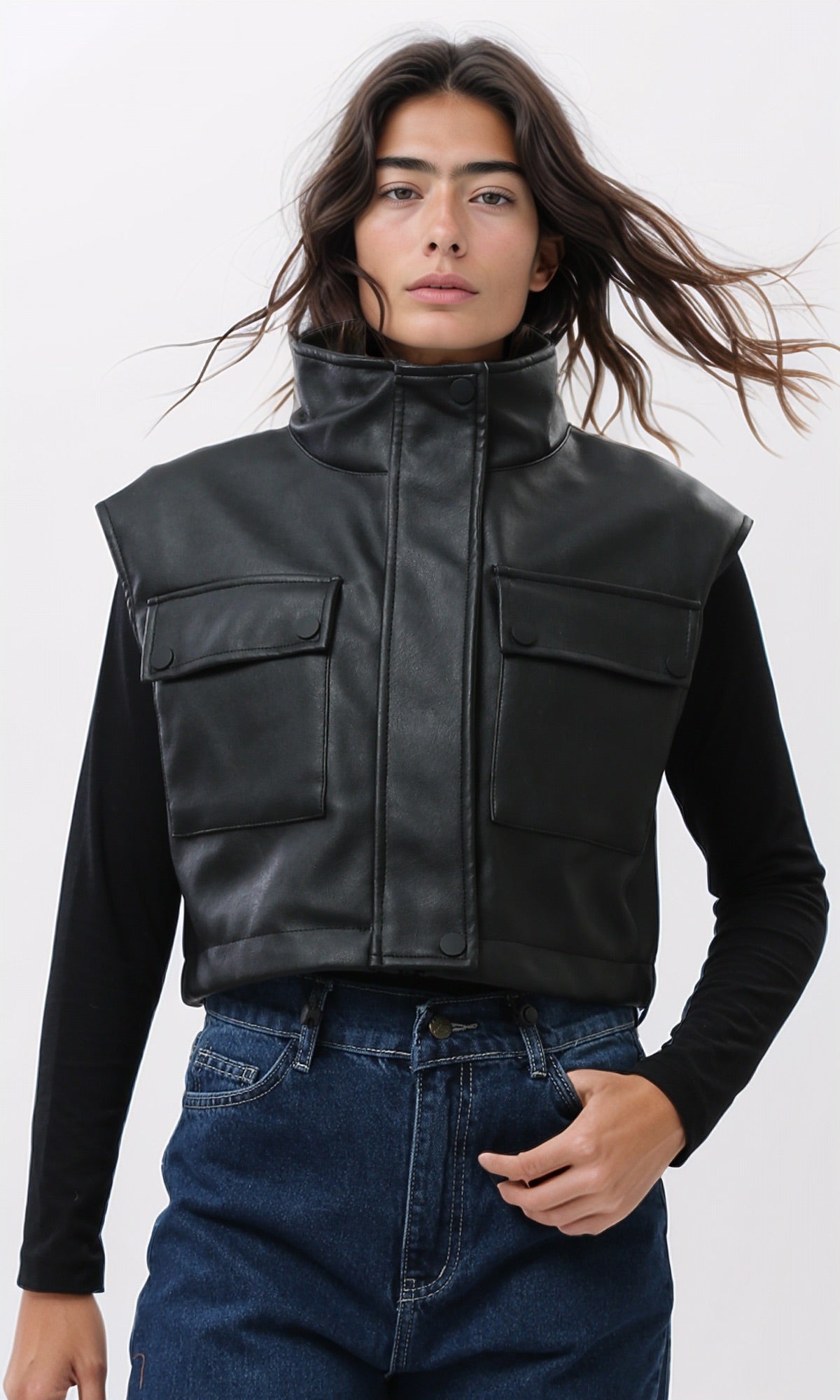 Black Faux Leather Cropped Utility Vest - O201382