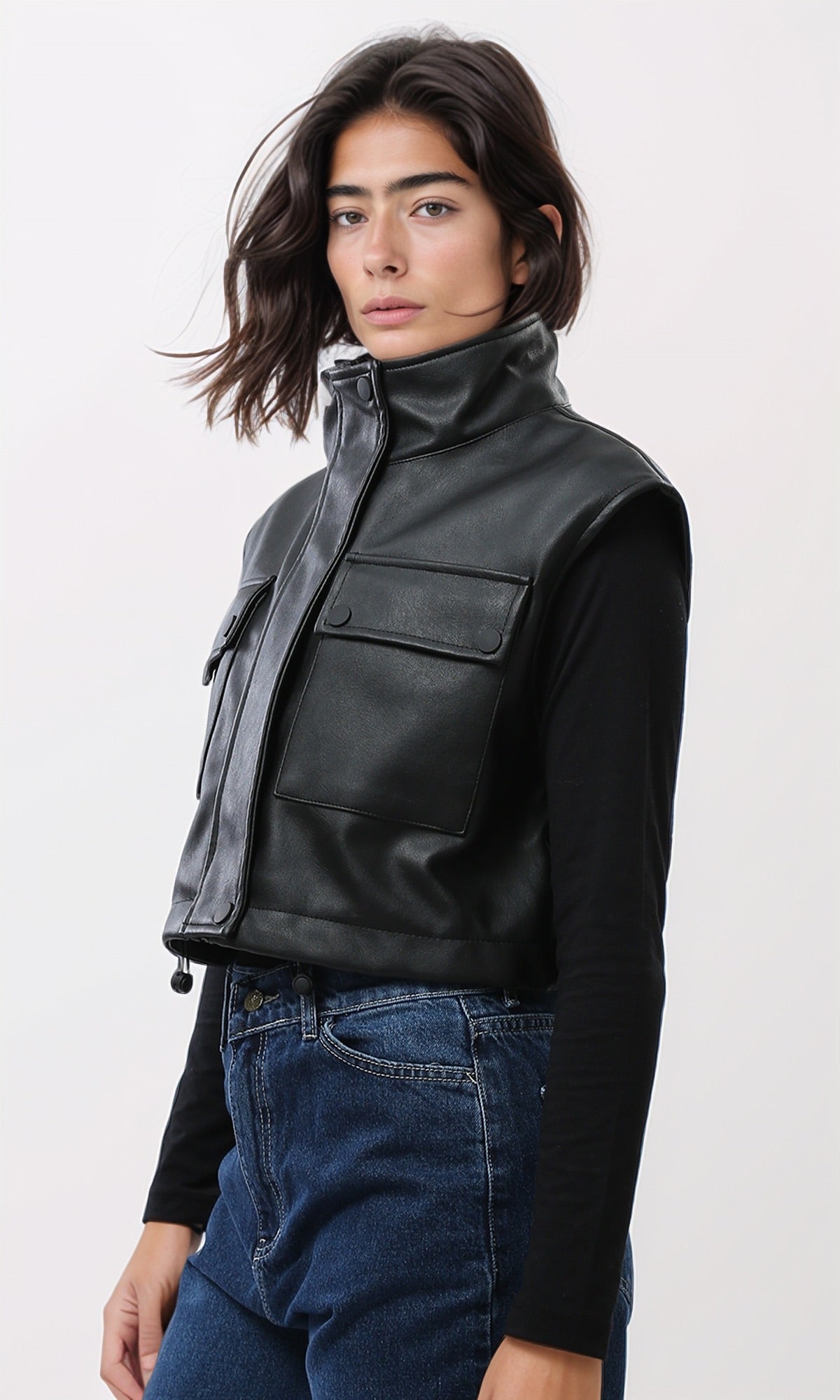 Black Faux Leather Cropped Utility Vest - O201382