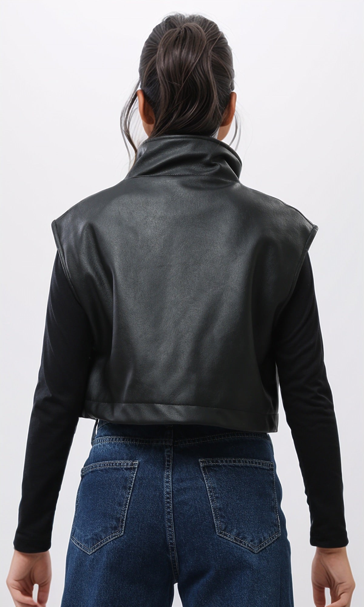 Black Faux Leather Cropped Utility Vest - O201382