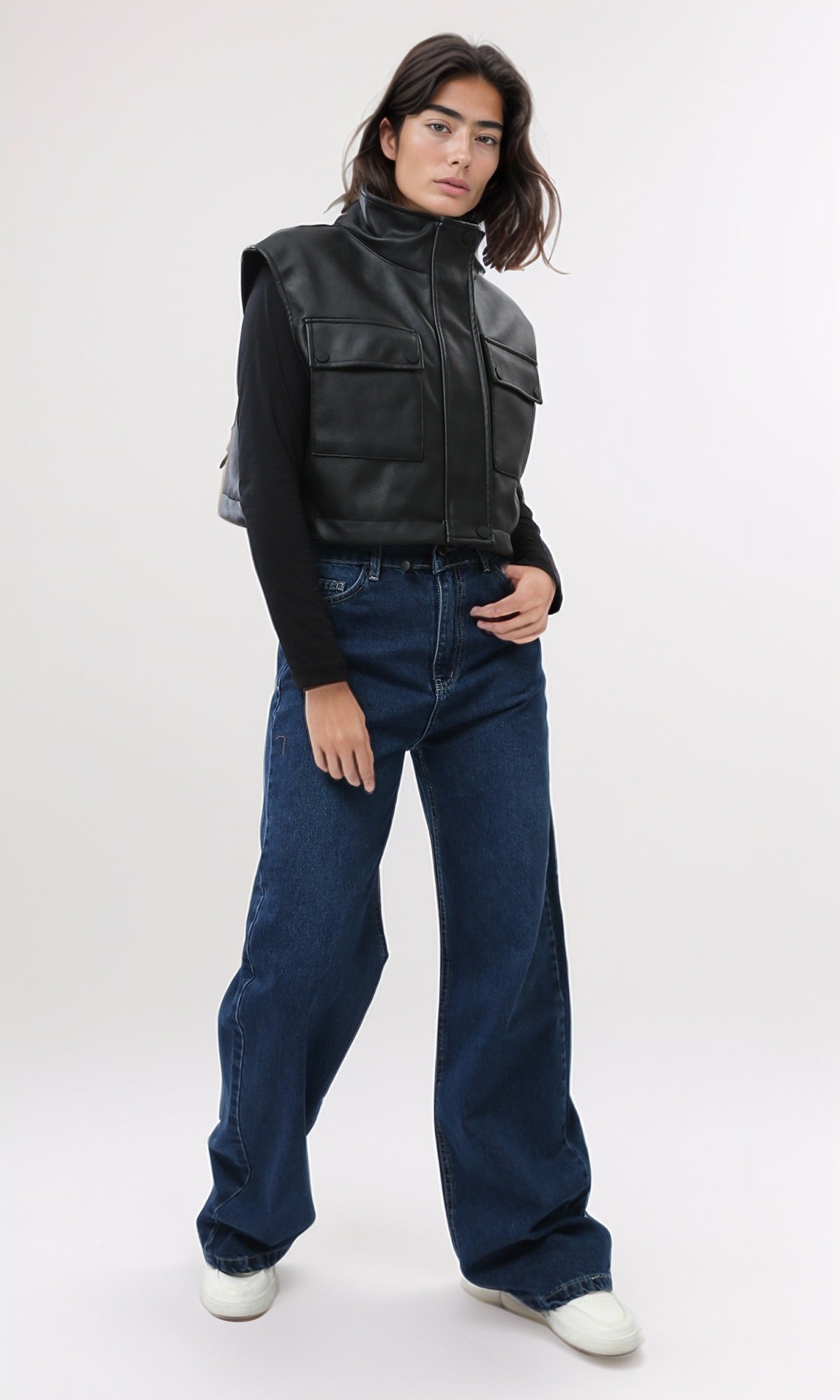 Black Faux Leather Cropped Utility Vest - O201382