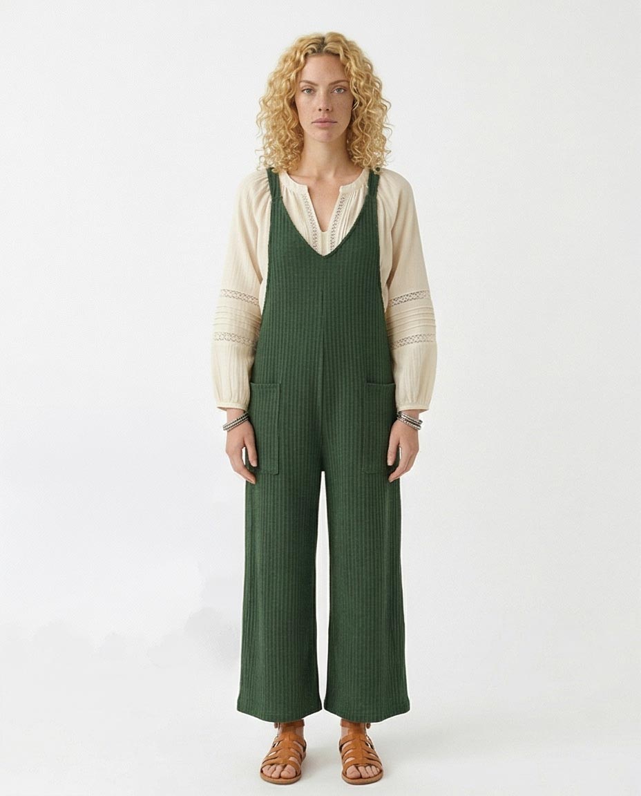 Ravin Ribbed Low-Side Jumpsuit with Ruched Racerback – Forest Green - O202046