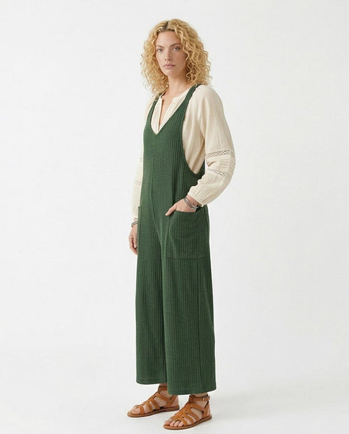 Ravin Ribbed Low-Side Jumpsuit with Ruched Racerback – Forest Green - O202046