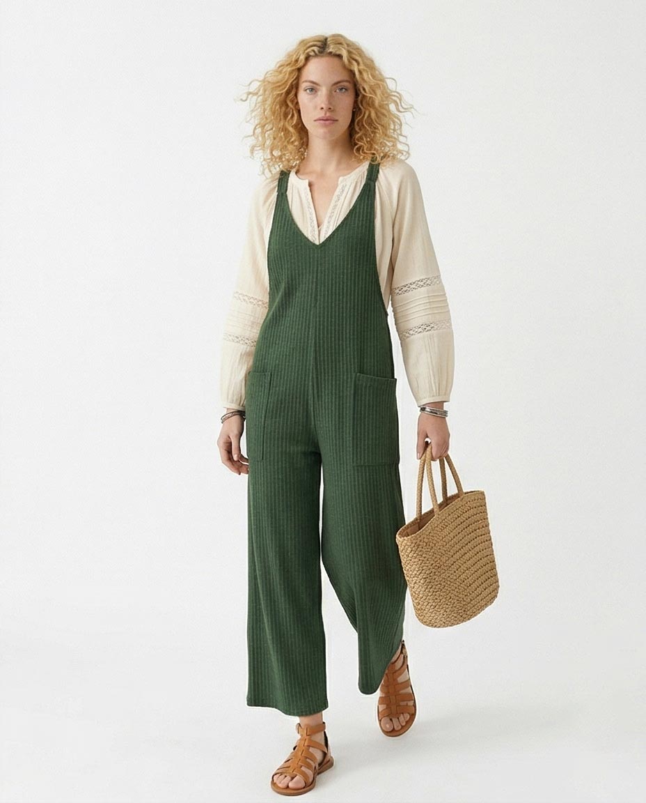 Ravin Ribbed Low-Side Jumpsuit with Ruched Racerback – Forest Green - O202046