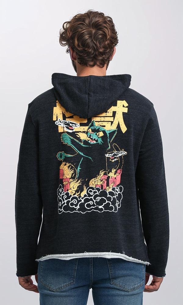 O202178 - Comfy Long Sleeves Printed Hoodie - Heather Black