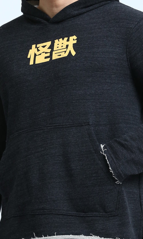 O202178 - Comfy Long Sleeves Printed Hoodie - Heather Black