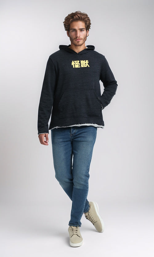 O202178 - Comfy Long Sleeves Printed Hoodie - Heather Black