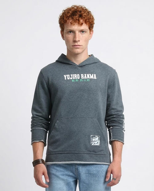 Man wearing a gray hoodie with 'YUJIRO HANMA' branding on a white background